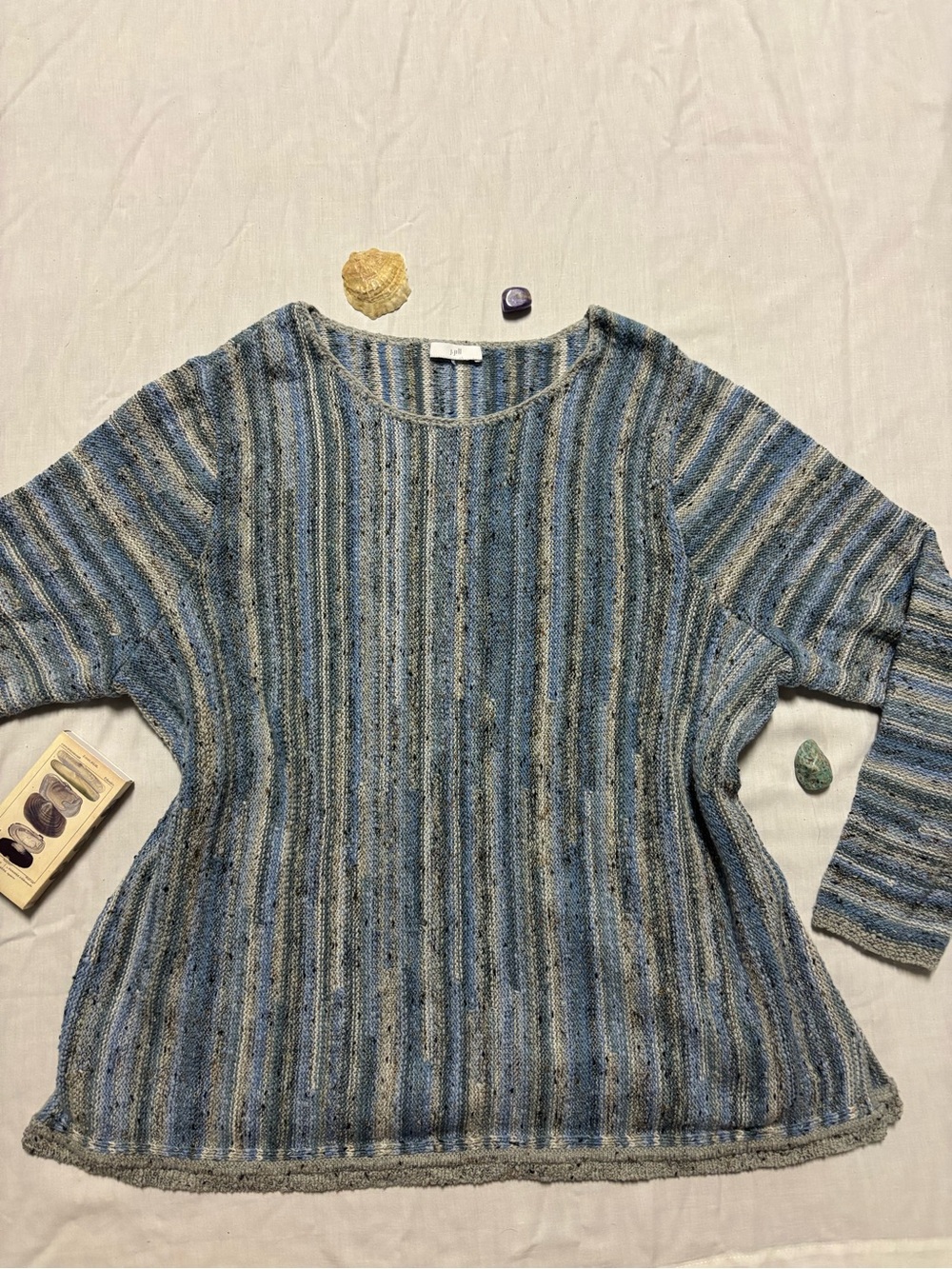 J. Jill Blue and Gray Striped Crewneck Sweater